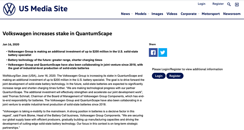 大眾向QuantumScape追加2億美元投資 研發固態電池技術